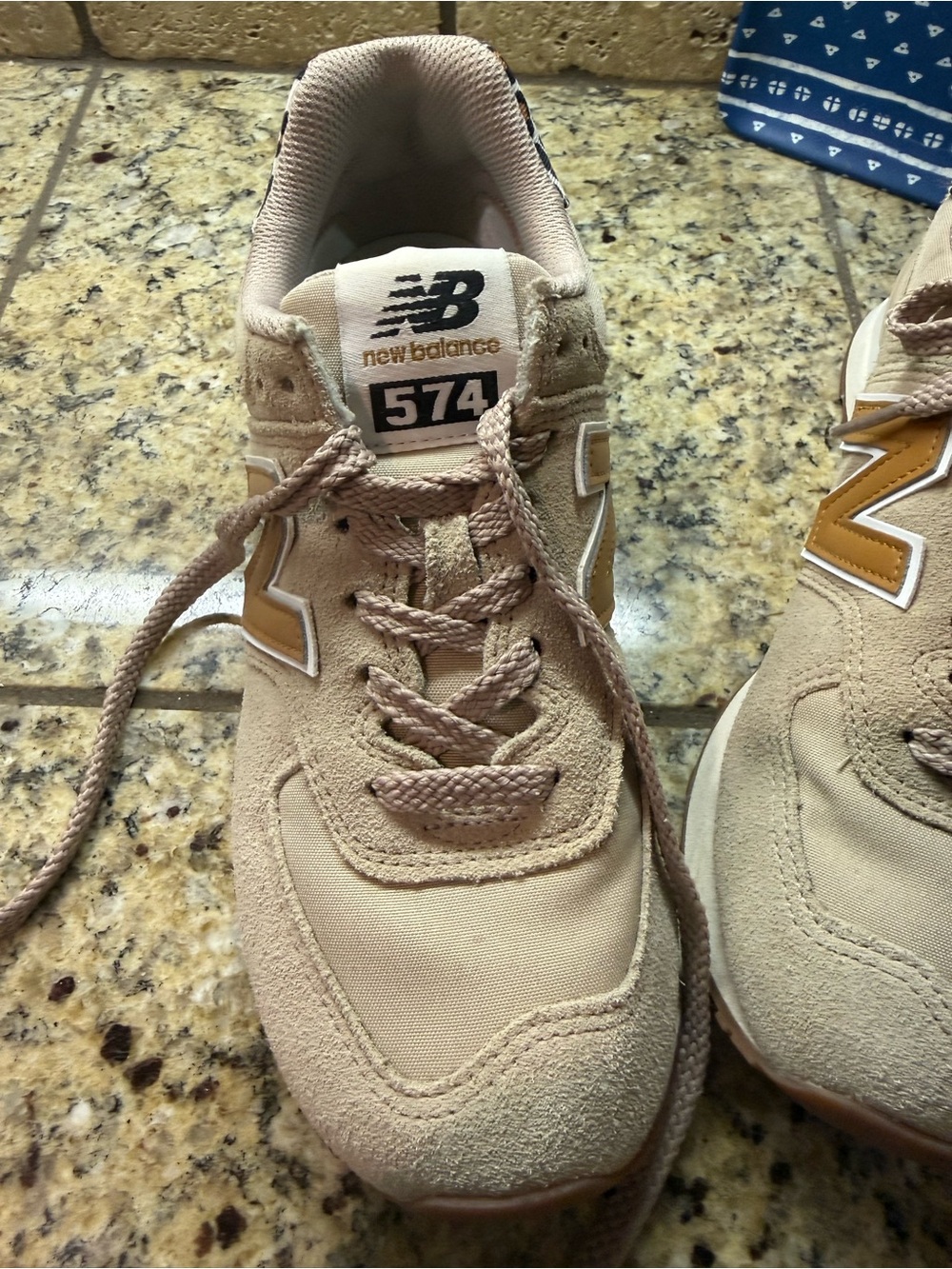 New Balance Beige Sneakers with Tan Logo and Leopard Heel 574 - Picture 8 of 9
